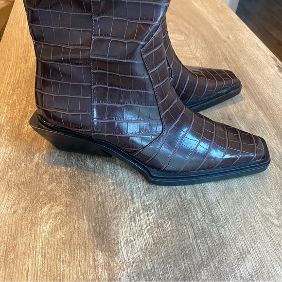Zara Dark Brown Croc Embossed Knee-High Boots - Picture 11 of 14